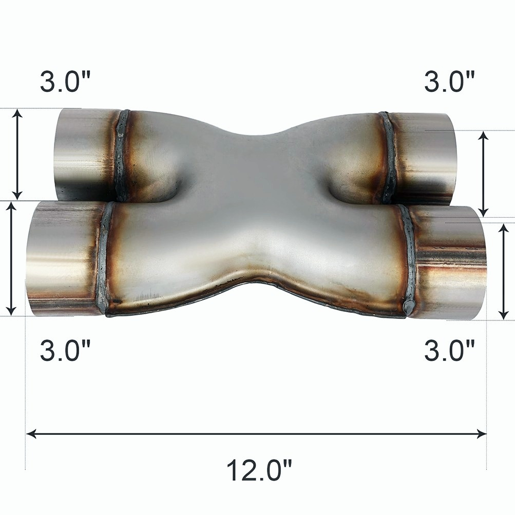 Universal Dual 3" In/Out Crossover X Pipe Exhaust Tip 12" Length Stainless Steel