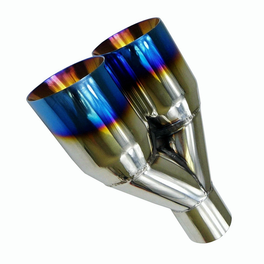 Polished Stainless Steel 2.5In 3.5Out  2X Blue Burnt Exhaust Duo Slanted Exhaust Tip
