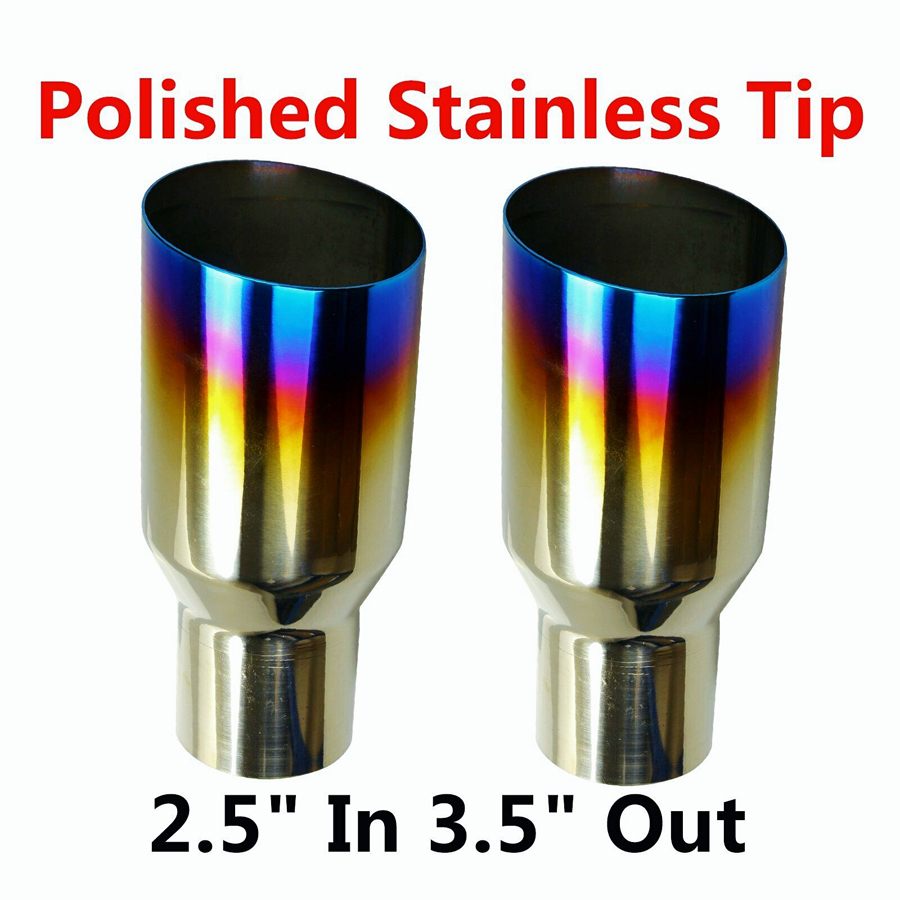 Polished Stainless  2X Blue Burnt Exhaust Single Slant Cut Tip 2.5 In 3.5 Out